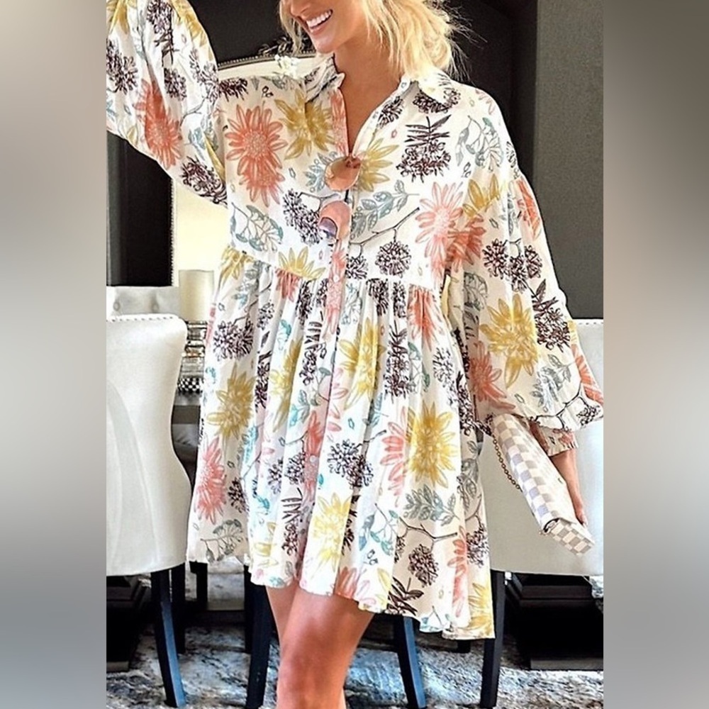 Aura Ivory Floral Print Swing Linen Dress Large - Picture 1 of 10